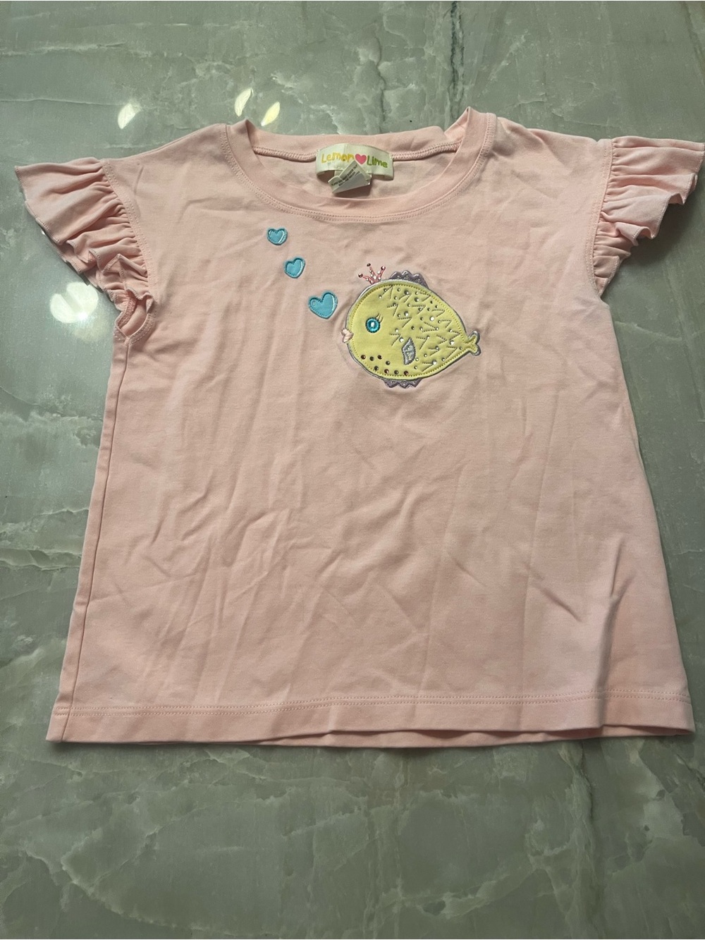 Lemon Loves Lime Pink Ruffle Sleeve Tee with Yellow Fish Appliqué